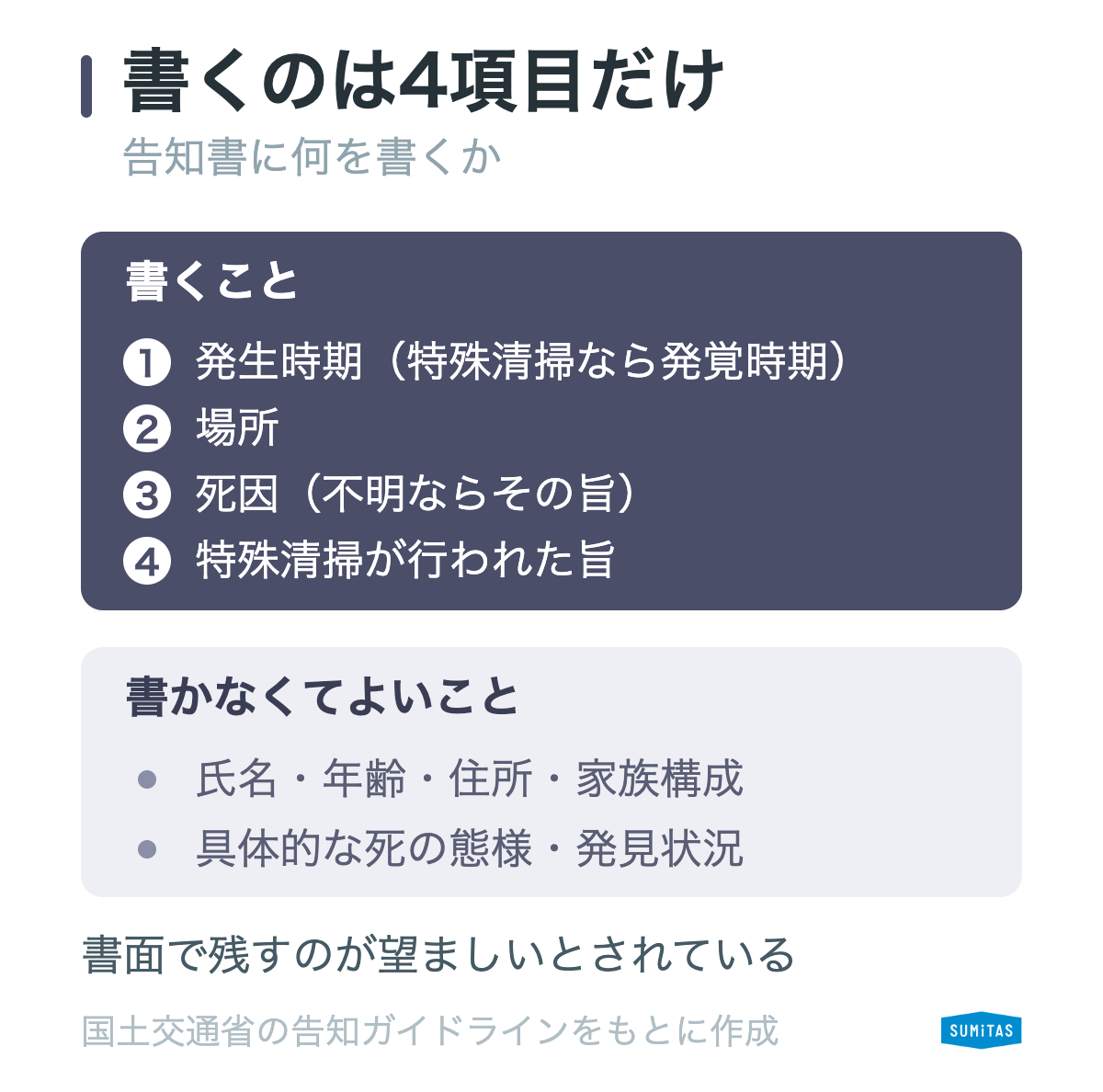 告知書に書く4項目と書かなくてよいこと。氏名や死の態様は書かなくてよい