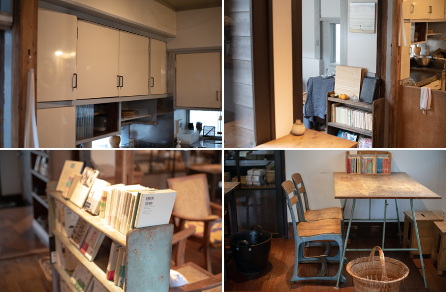 カフェスペースで「差し色」となっているのが、キッチン棚の枠や、個室風に囲われたスペースの柱、ヴィンテージの本棚、テーブルセットなど